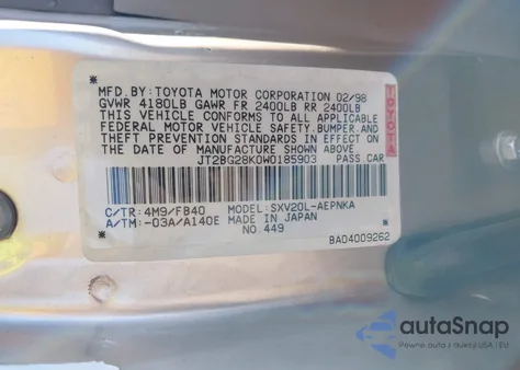 1998 Toyota Camry Le z USA, uszkodzony, nr VIN JT2BG28K0W0185903